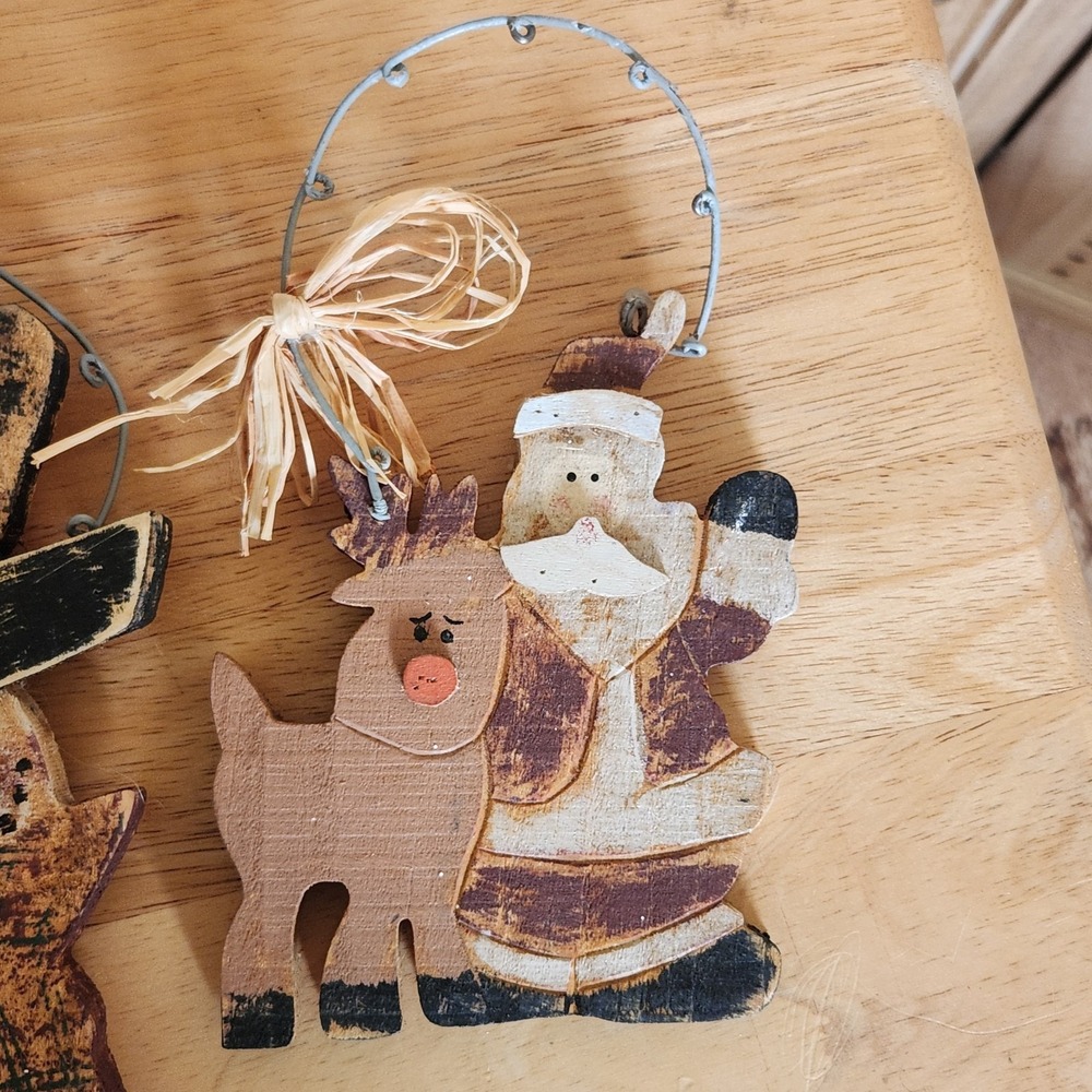 Christmas‎ in July Rustic Wood Block Xmas Ornament Santa Claus Rudolph Reindeer